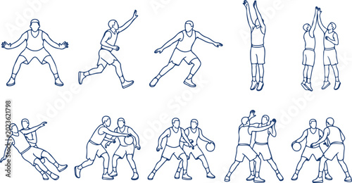 Foto Collection of line art basketball players in various action poses, dynamic movement and sportsmanship depicted with simple blue outlines