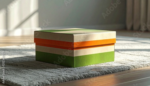 Colorful square box on rug, sunlight shining, indoors