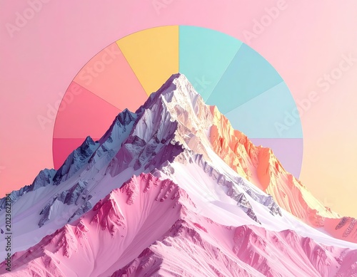 Pastel mountain range with a colorful halo background
