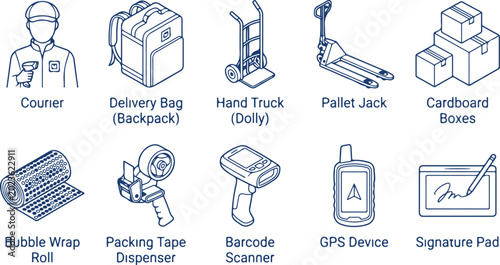 Quadro su tela Logistics and delivery courier service icons: courier, bag, hand truck, pallet jack, boxes, bubble wrap, tape, scanner