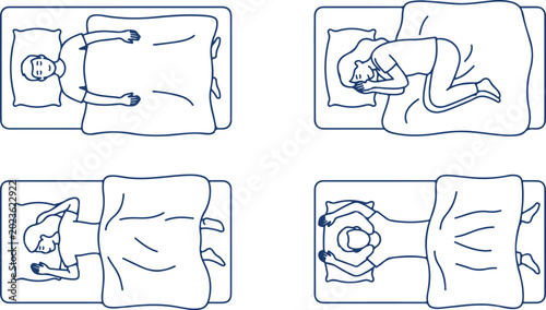 Quadro em tela Four different sleeping positions shown from above with pillows and blankets for restful night sleep illustration