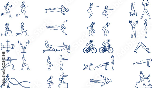 Konstfotografi Collection of people engaged in various fitness activities including running weightlifting cycling yoga and cardio exercises