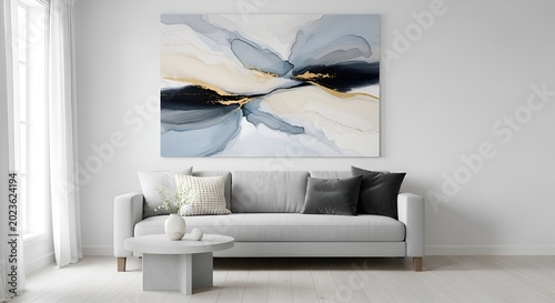Modern Abstract Painting Over Gray Sofa in Minimalist Living Room