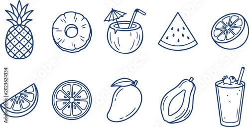 Tropical fruits and drinks doodle collection pineapple coconut cocktail watermelon orange mango papaya isolated on white background.