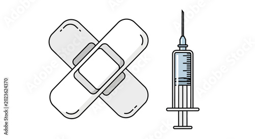 Foto Syringe and adhesive bandages for medical care and vaccination concept