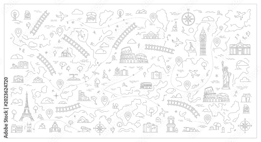 Obraz premium World Travel Map Icons: Landmarks, Transportation, and Adventure Line Art