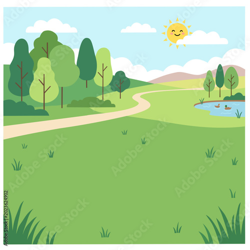 Sunny day in a park with trees, pond, and a happy sun illustration