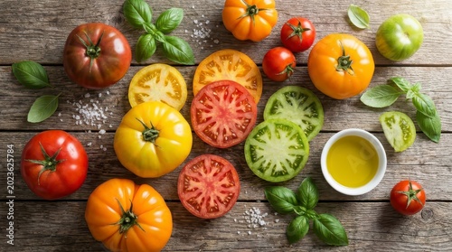 Colorful heirloom tomatoes basil and olive oil on rustic wood