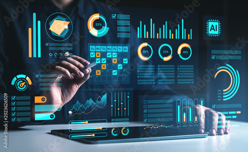 Foto Business analytics dashboard with futuristic digital data interface showing charts, metrics, and interactive elements operated by hands on dark background