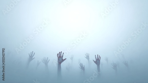 Hands reaching upwards in a foggy environment abstract concept