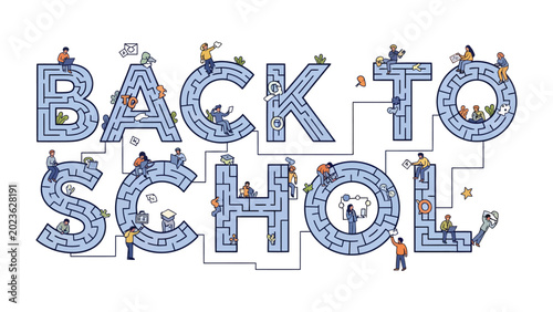 Fotografia Maze of Learning: Back to School is depicted as an intricate maze, with tiny figures navigating its pathways, symbolizing the challenging yet rewarding journey of education