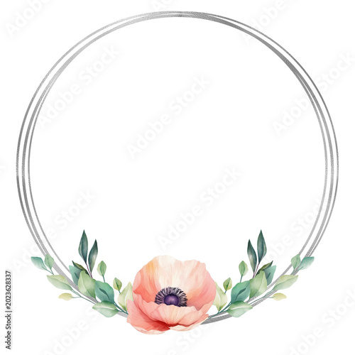 Tableau sur toile Elegant watercolor pink poppy flower and green leaves adorn a delicate silver ci