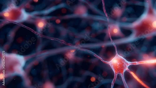 Biological neuron network firing electrical impulses. Microscopic view of nervous system signal transmission. Neural connection activity in human brain science.