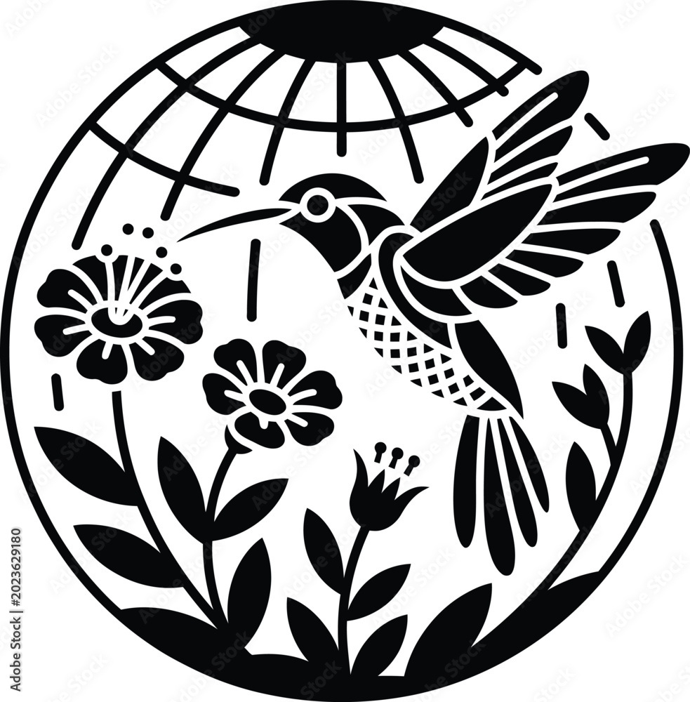 Obraz premium A hummingbird vector eps illustration hovers near colorful flowers within a circular garden scene.