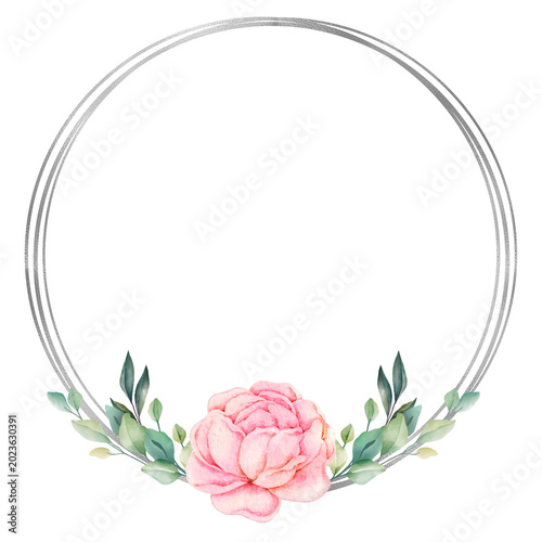 Tableau sur toile Delicate watercolor peony and lush green foliage elegantly adorn a shimmering si