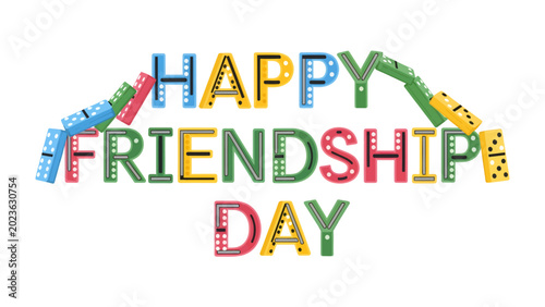 Fotografia Happy Friendship Day Dominoes: Vibrant, colorful dominoes spell out Happy Friendship Day, with some dominoes toppling over, symbolizing the playful and interconnected nature of friendship
