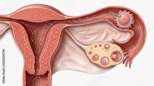 Biological origin commence: human reproduction, sperm navigation, ovum fertilization, embryo development, female system, internal view, life process.