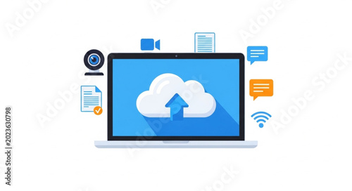 Laptop displaying cloud upload with surrounding technology icons.