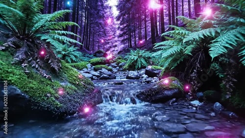 Enchanted forest stream with mossy rocks and purple trees
