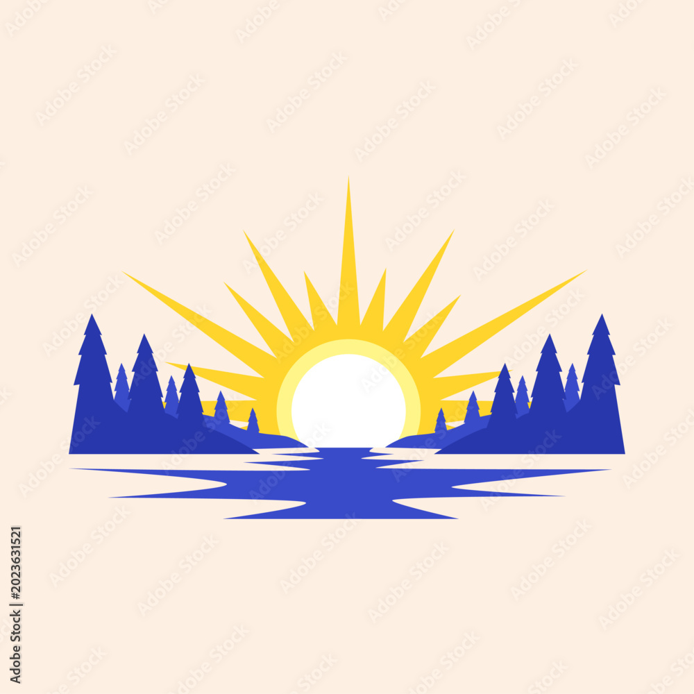 Fototapeta premium Symmetric Pine Trees Forest and Lake Landscape with Sunburst Reflection Vector