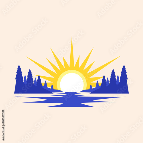Slika na platnu Symmetric Pine Trees Forest and Lake Landscape with Sunburst Reflection Vector