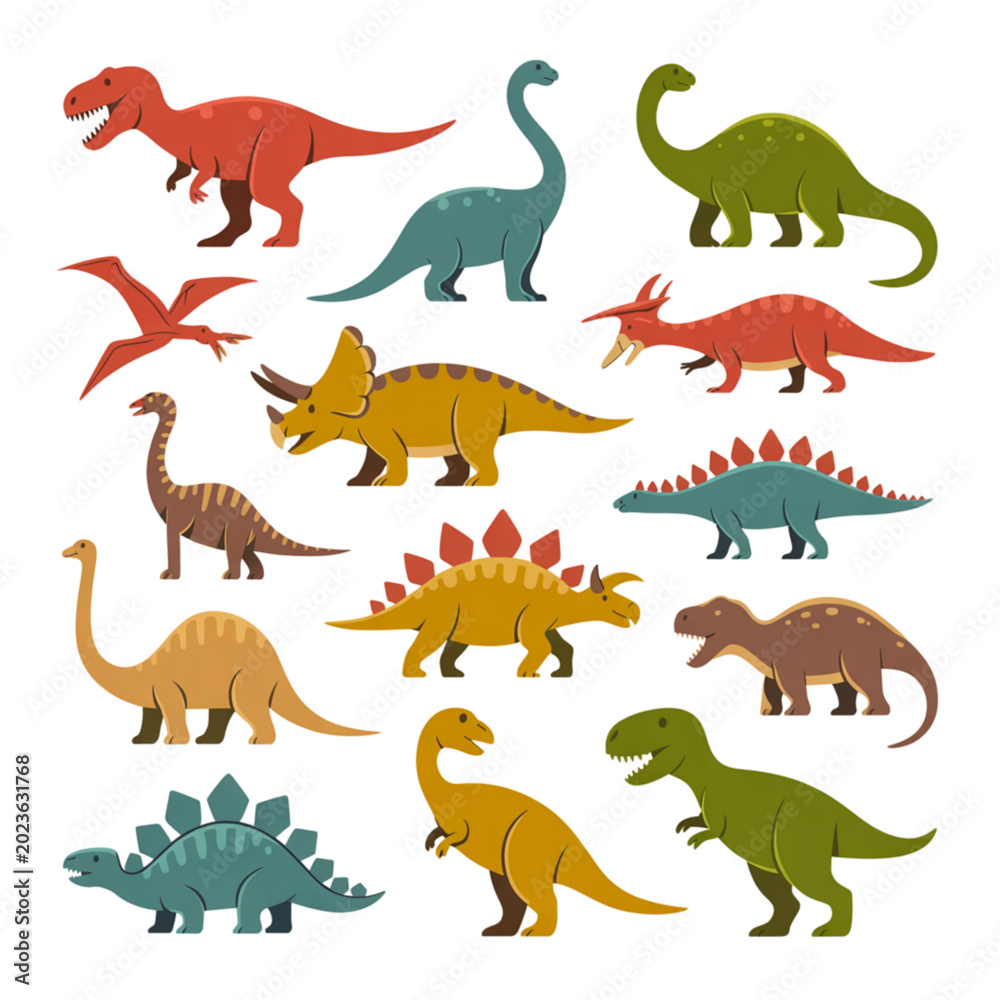 Obraz premium Cute cartoon dinosaurs collection set with tyrannosaurus rex triceratops and stegosaurus, prehistoric animal vector illustration