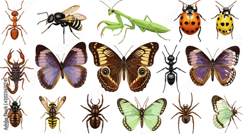 Fotografie Insect Collection Set Featuring Ants, Bees, Butterflies, Ladybugs, and More for