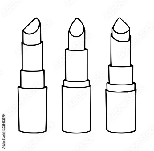 Black line art, white background: tube of lipstick set with simple line art design featuring outline, illustration, graphic elements with clean design and vector art