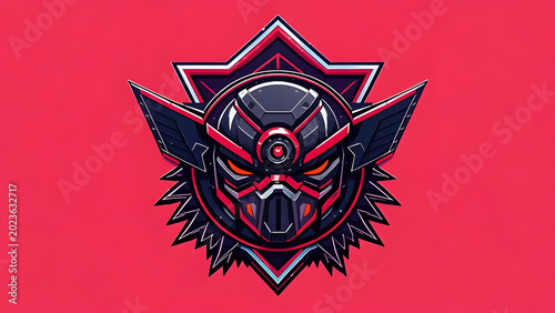 Futuristic robotic mask with red glowing eyes on vibrant pink background