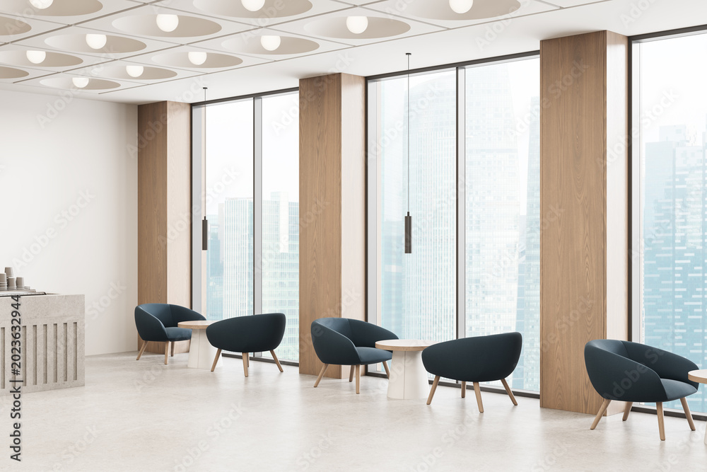 Fototapeta premium Modern lounge interior with panoramic windows, minimalist seating, wood columns, pendant lights and city view in bright contemporary design. 3D Rendering