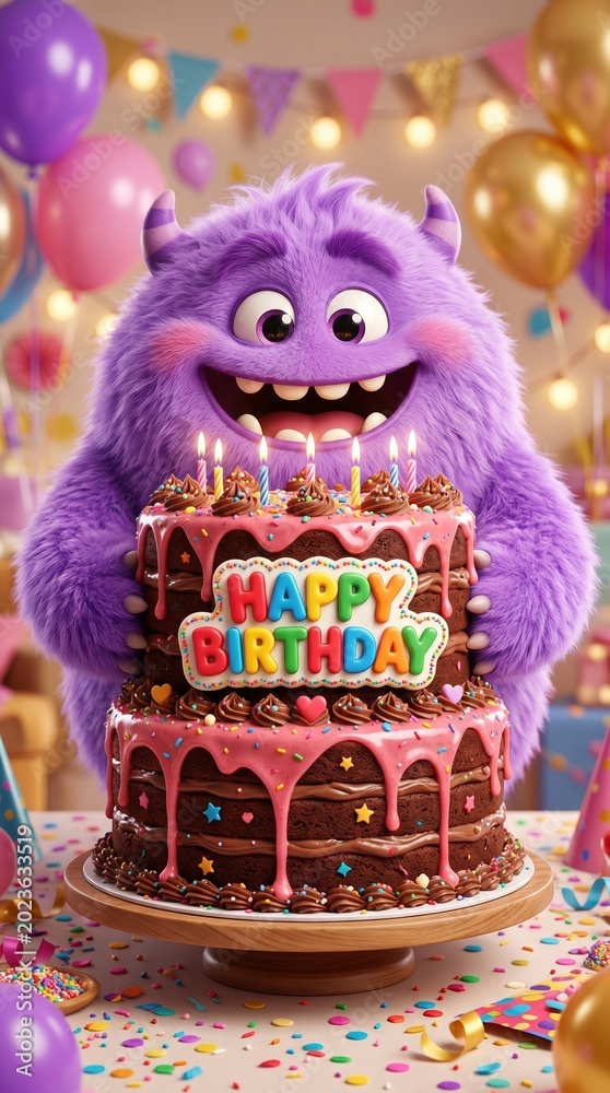 Fototapeta premium A cute fluffy purple monster holds a big birthday cake.