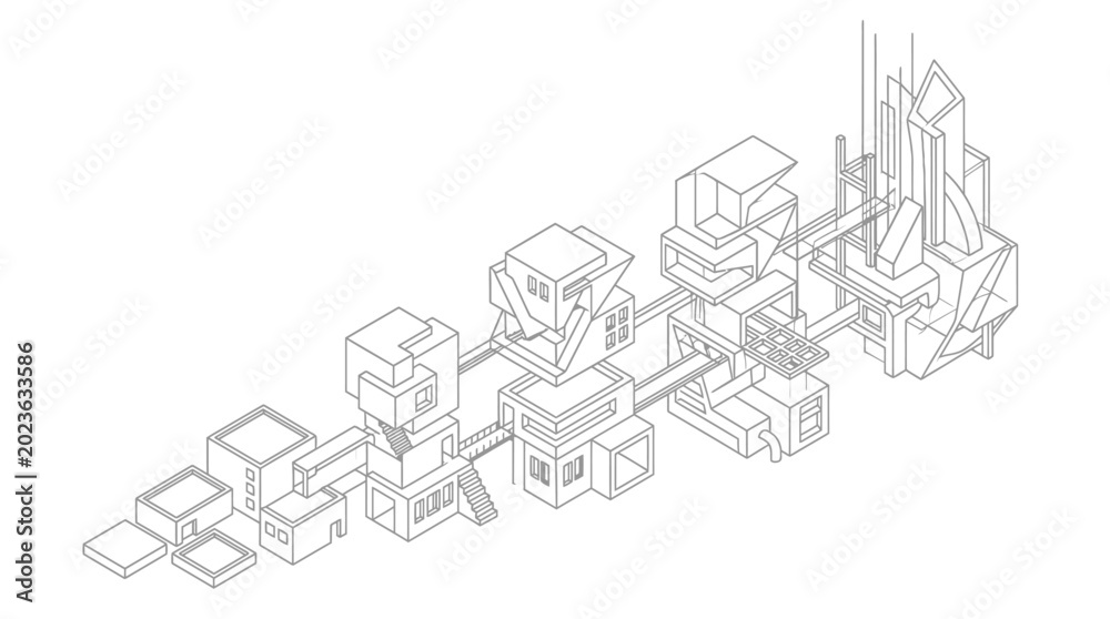 Fototapeta premium Isometric line drawing of a futuristic modular architectural complex with interconnected structures and abstract forms.