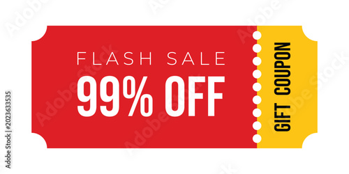 Photos Bright red rectangular flash sale banner featuring large 99% off text and a yellow gift coupon tag on the side, clean vector illustration