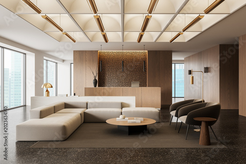 Modern reception lobby interior with minimalist furniture, warm wood paneling, geometric ceiling lights and elegant contemporary design elements. 3D Rendering