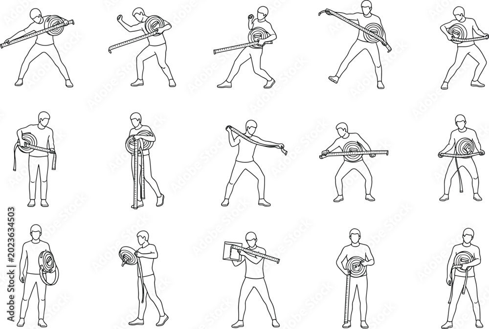 Obraz premium Collection of line of a person holding and measuring with a tape measure in various poses