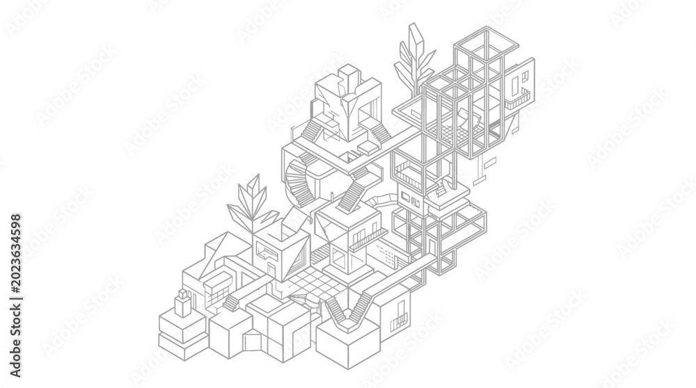 Naklejka premium Isometric line drawing of an intricate, fantastical mechanical structure with interconnected pipes and blocks.