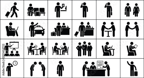 Tableau sur toile Business travel and corporate communication silhouette icon set featuring meetin