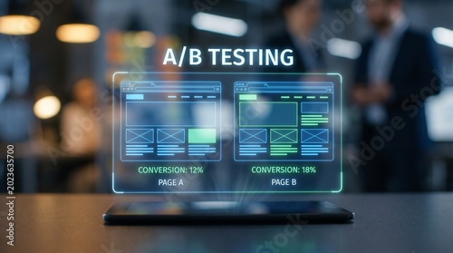 AB Testing Hologram Displayed on a Table in Modern Office Environment.