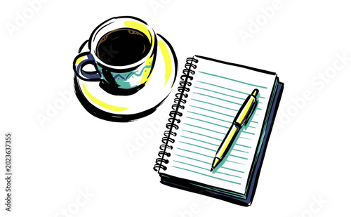 Photos Overhead view illustration of a caffeinated beverage cup next to a spiral notebo