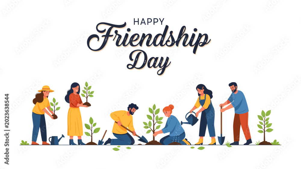 Naklejka premium Happy Friendship Day Planting: A group of diverse friends celebrate Friendship Day by planting saplings together, symbolizing growth, unity, and environmental care.