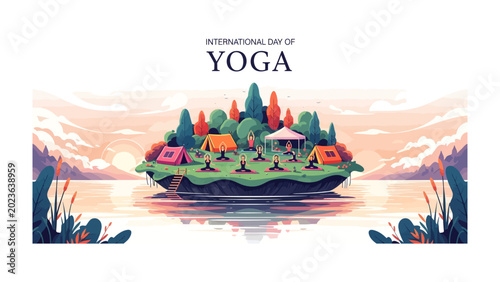 Tableau sur toile Island Yoga Retreat: People practice yoga in unison on a small island surrounded by water, with tents set up for a serene retreat, under a pastel sky
