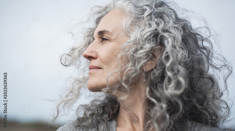 Fototapeta premium A thoughtful woman with beautiful curly gray hair gazing into the distance, embodying wisdom and tranquility in her expression.