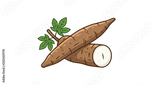 Tableau sur toile Two fresh cassava roots with green leaves illustration.