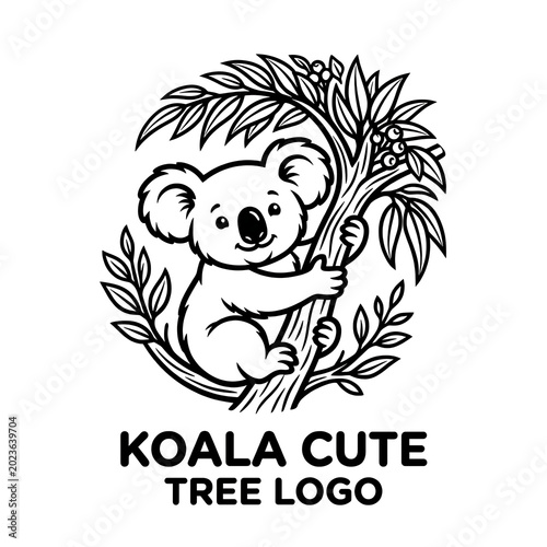 Canvas Print Cute koala hugging eucalyptus tree in circular line art logo design
