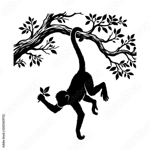 Canvas Print Black silhouette of monkey hanging from tree branch against white background