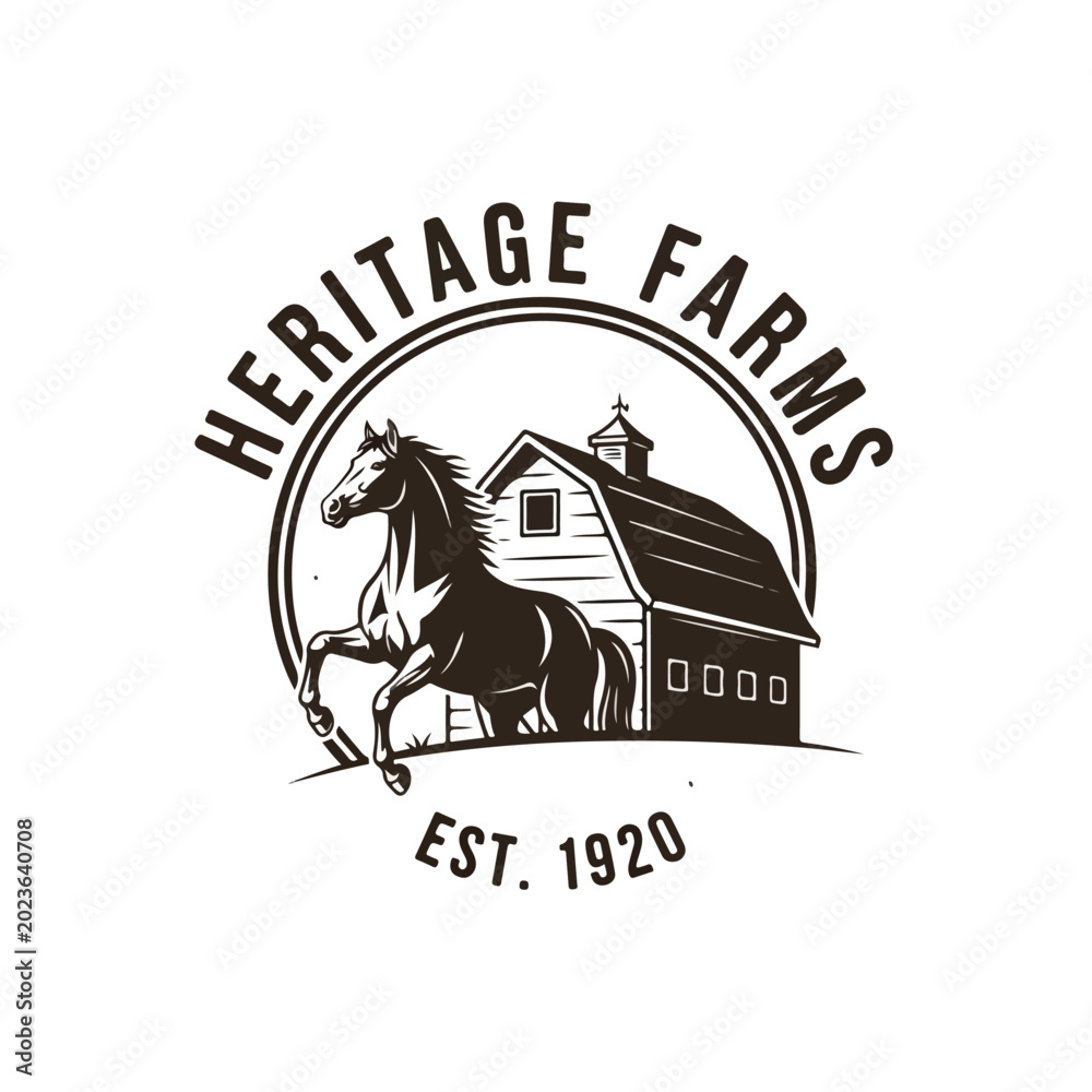 Fototapeta premium Heritage Farms Logo. Horse and Barn Illustration. Vintage Engraved Style. Monochrome Vector.