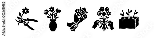 Fotografía Black and White Floristry Icon Set Featuring Pruning Shears, Flower Vase, Hand-H