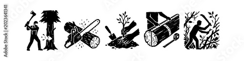Принти на полотні Forestry and Woodworking Woodcut Style Illustration Set Featuring Lumberjack Cho