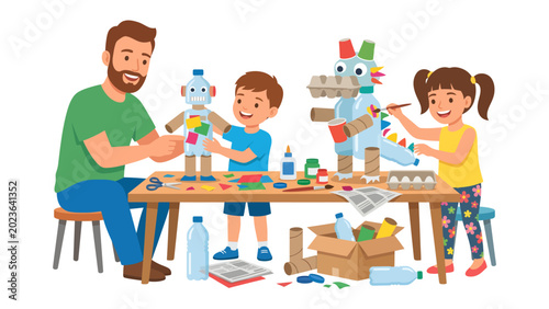 Slika na platnu Creative Crafting Session: A father and his two children engage in a fun and imaginative crafting activity, creating unique robots and a dragon from recycled materials