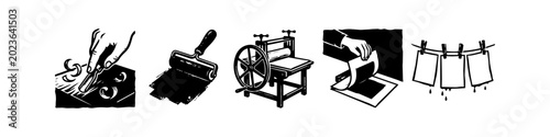 Vászonkép Black and White Illustrations of the Traditional Linocut and Woodcut Printmaking